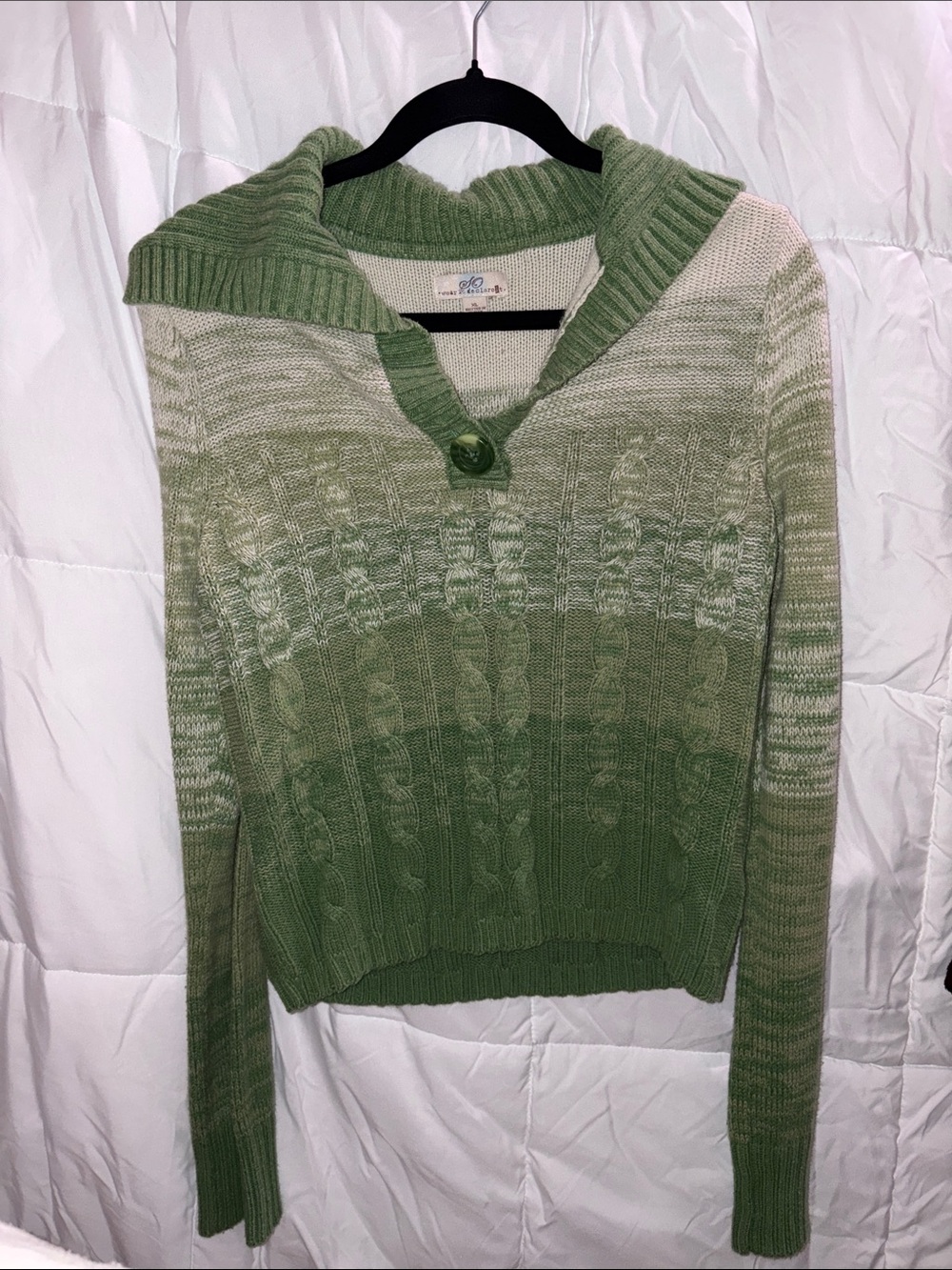 So Wear It Declare It Green Ombre Cable Shawl-Collar Sweater
